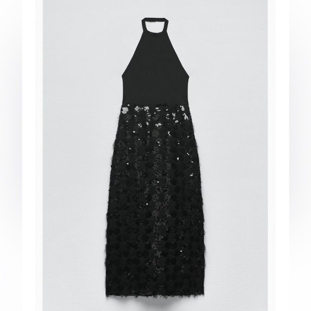 Zara Black Halter Sequin Midi Dress